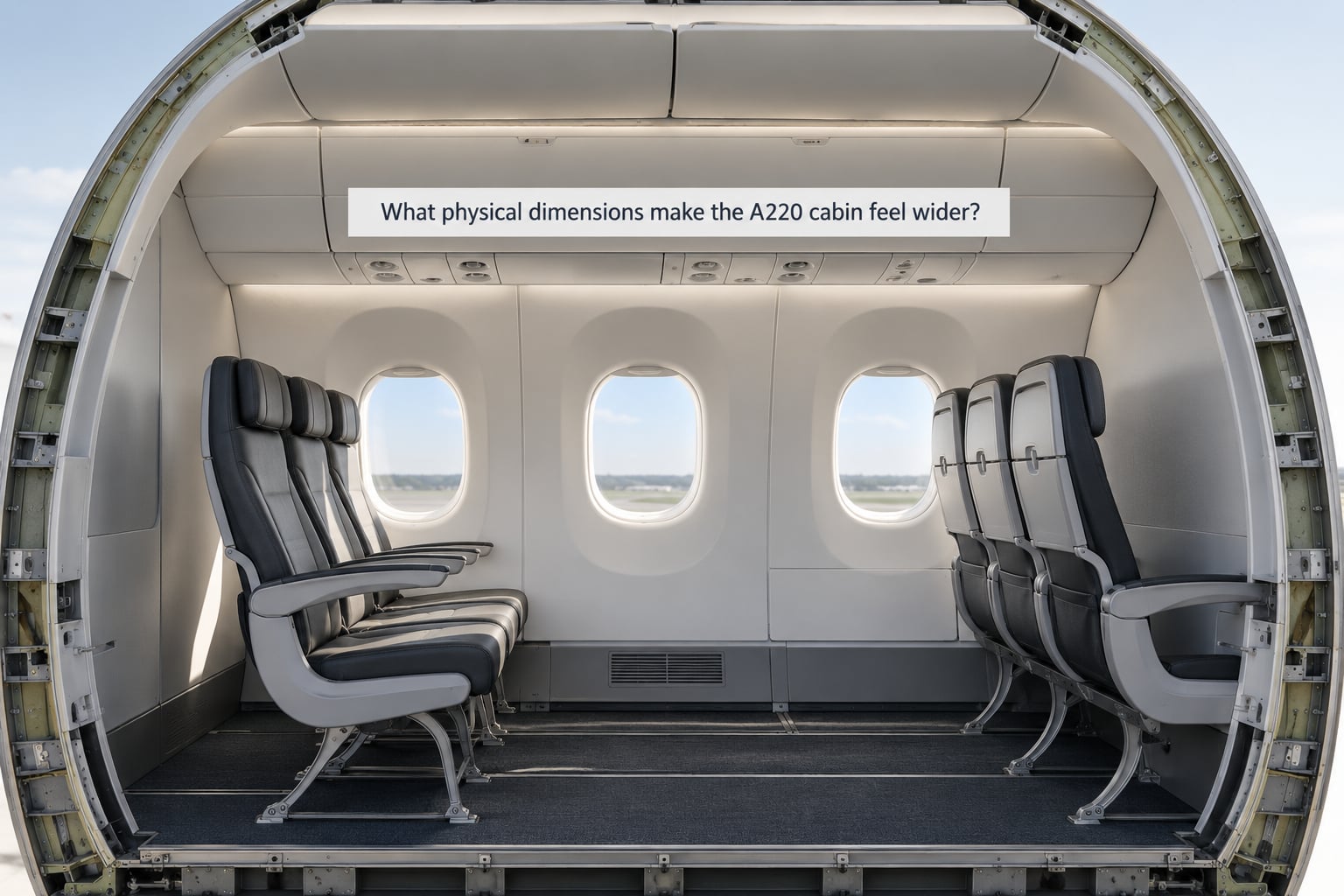 What physical dimensions make the A220 cabin feel wider?