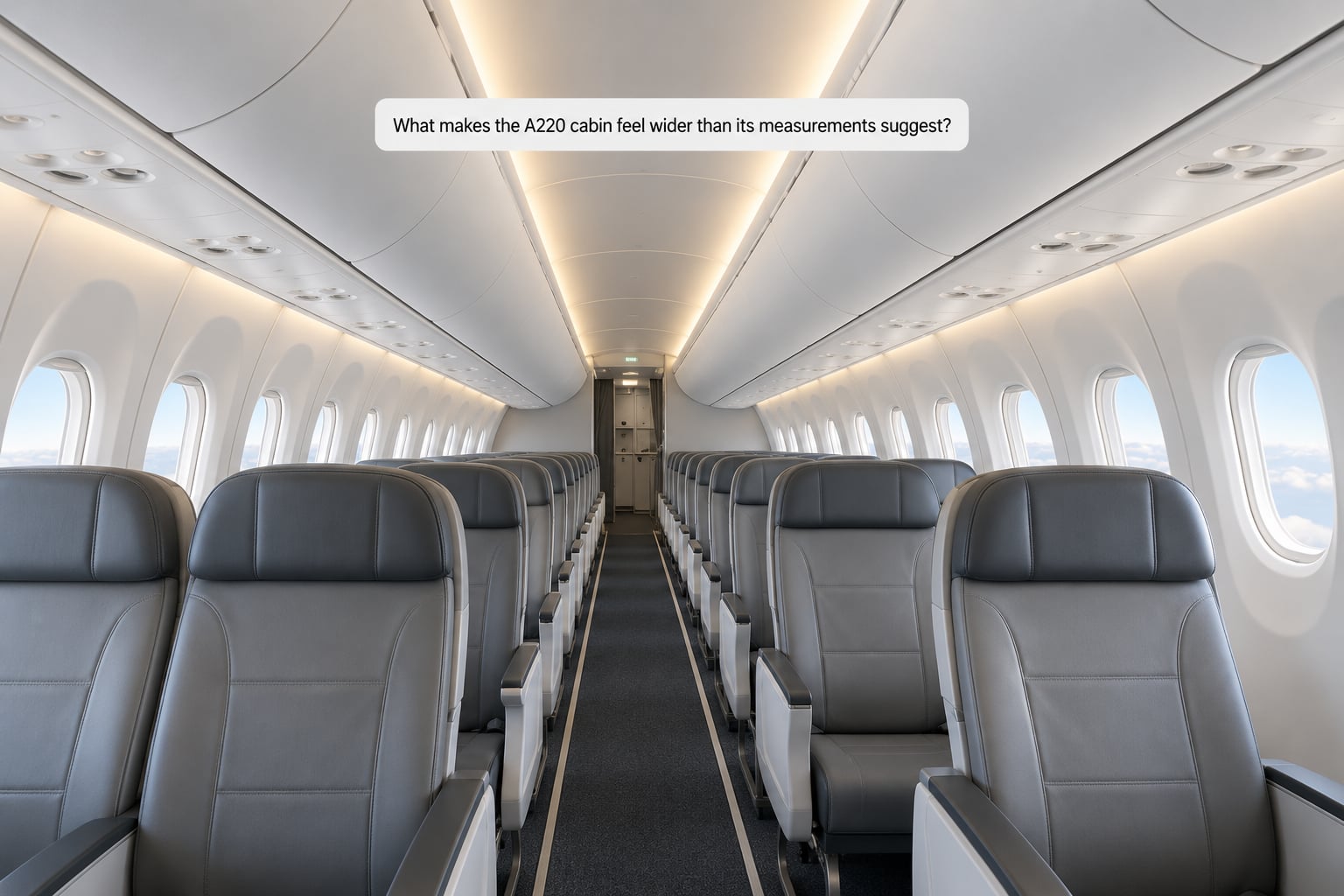 What makes the A220 cabin feel wider than its measurements suggest?